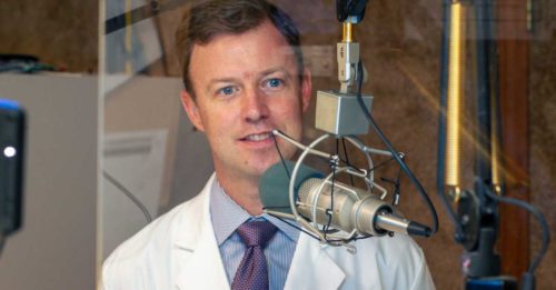 Dr. Jim Stewart records a podcast at radio station in Dalton, GA