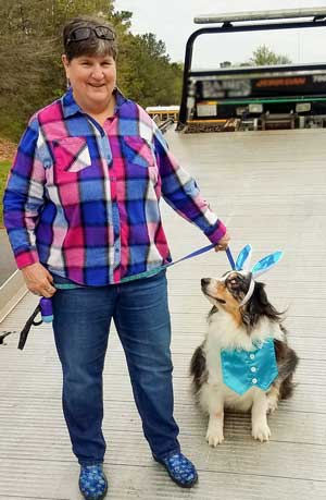 Jill Durden, with Quigley (Australian shepherd) - pet therapy pics